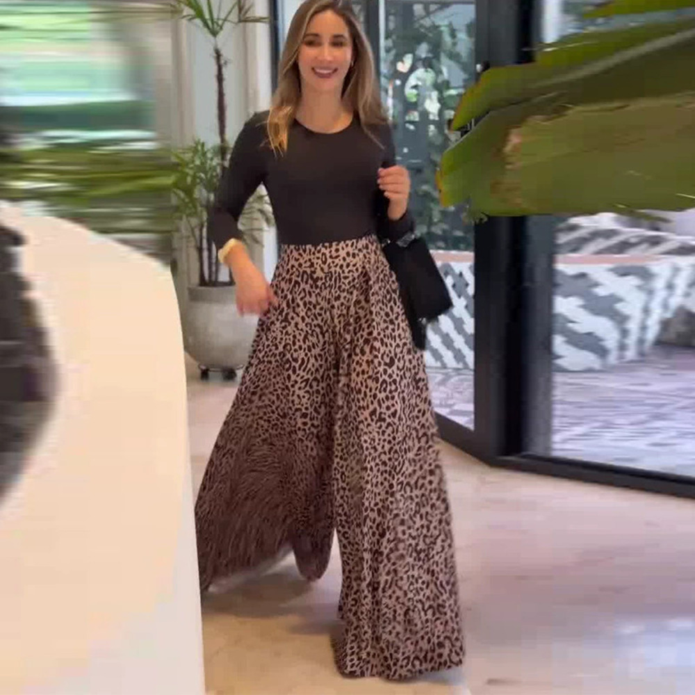 Forever 21 Casual Long-Sleeve Top and High-Waist Loose Leopard Print Pants Set